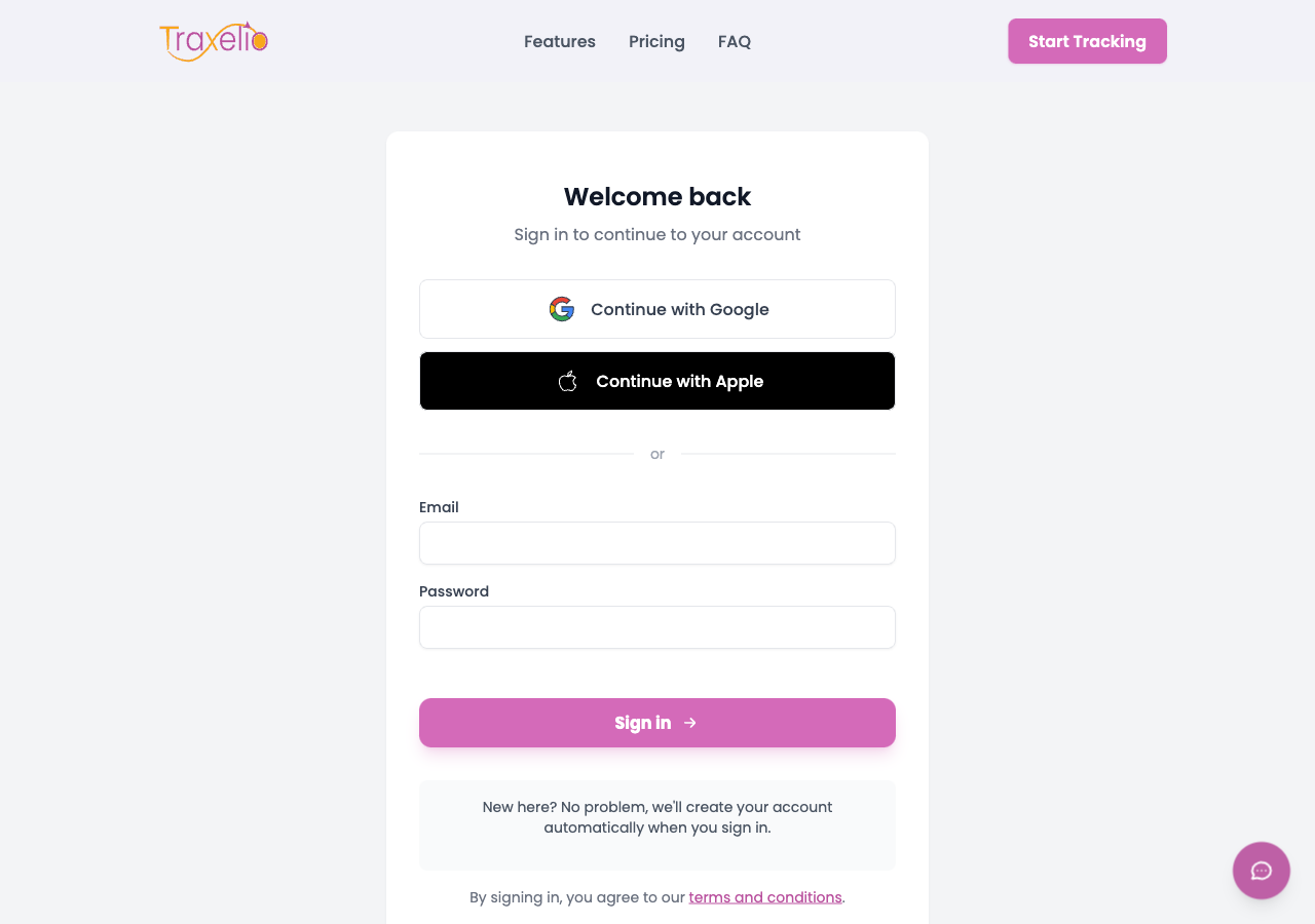Login page on desktop showing both Google and Apple Sign-In options